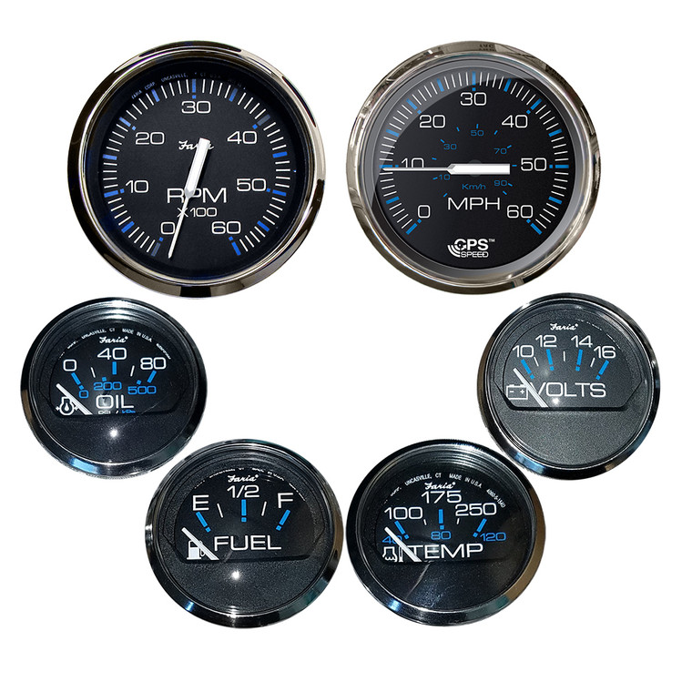 Faria Chesapeake Black w\/Stainless Steel Bezel Boxed Set of 6 - Speed, Tach, Fuel Level, Voltmeter, Water Temperature  Oil PSI - Inboard Motors  [KTF064]