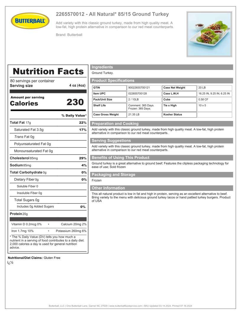 Turkey White meat 90% lean case of two 10 Lb. Tube Frozen Available after June 25th