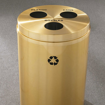 Glaro RecyclePro 3 Triple Purpose Recycling Station - 20 x 31 - 33 Gallon - BCB2032BE - finished in Satin Brass, Recycling Bottles, Plastic and Cans Labels