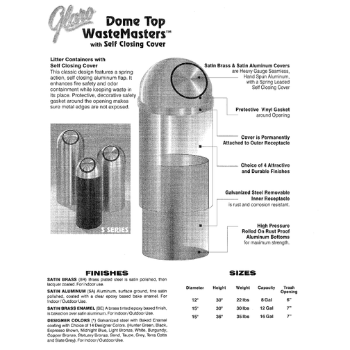 Glaro Monte Carlo S1256 - Satin Aluminum Self-Closing Dome Top Trash Can - 12 x 30 - 8 Gallon