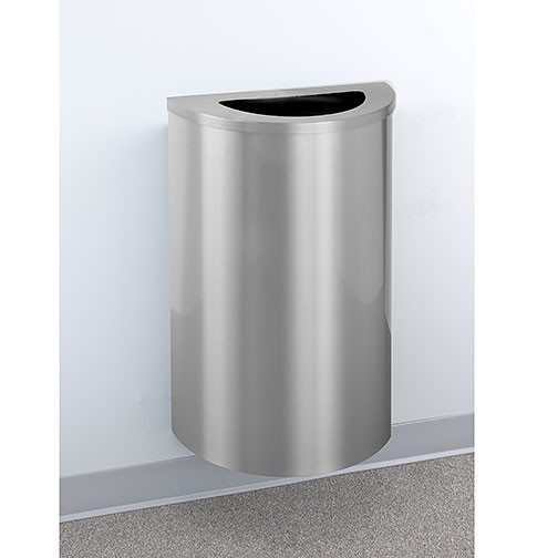 Glaro Profile Half Round Trash Receptacle, 1891, finished in all Satin Aluminum, Mounted on Wall Option