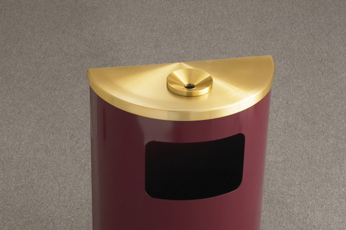Close-Up of the Glaro Profile Half Round Funnel Top Ash and Trash Receptacle - 1894, finished in Burgundy with a Satin Brass top