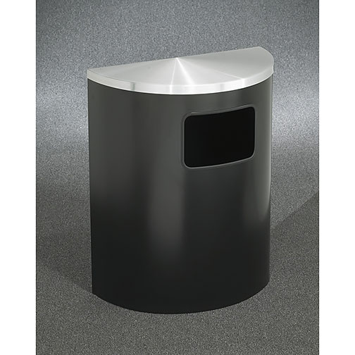 Glaro Profile Half Round Side Opening Trash Can, 2493, finished in Satin Black with a Satin Aluminum top