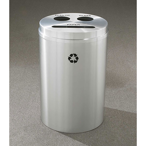 Glaro RecyclePro 3 Triple Purpose Recycling Station - 20 x 31 - 33 Gallon - BCP2032SA  - finished in Satin Aluminum, Recycling Paper, Plastic, and Glass Labels