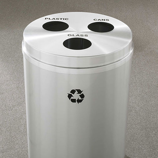 Glaro RecyclePro 3 Triple Purpose Recycling Station - 20 x 31 - 33 Gallon - BCB2032SA - finished in Satin Aluminum, Recycling Plastic, Glass, and Cans Labels