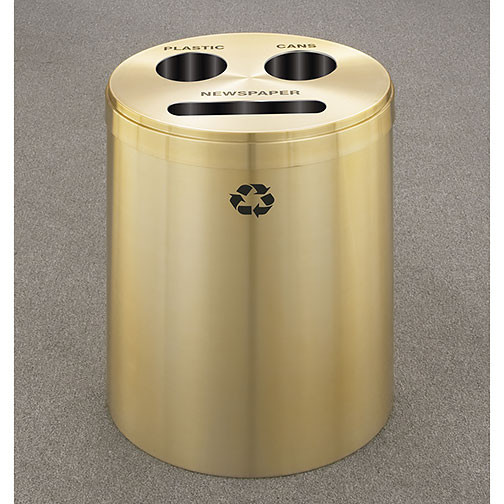 Glaro RecyclePro 3 Triple Purpose Recycling Station - 20 x 31 - 33 Gallon - BCP2032BE - finished in Satin Brass, Recycling Newspaper, Cans, and Plastic Label