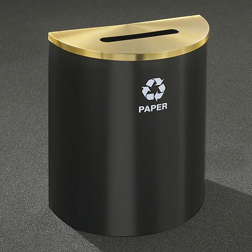 Glaro RecyclePro Profile Half Round Recycling Bin - 28-1/2 x 24 x 12 - 29 Gallon - P2499 - finished in Satin Black with a Satin Brass top
