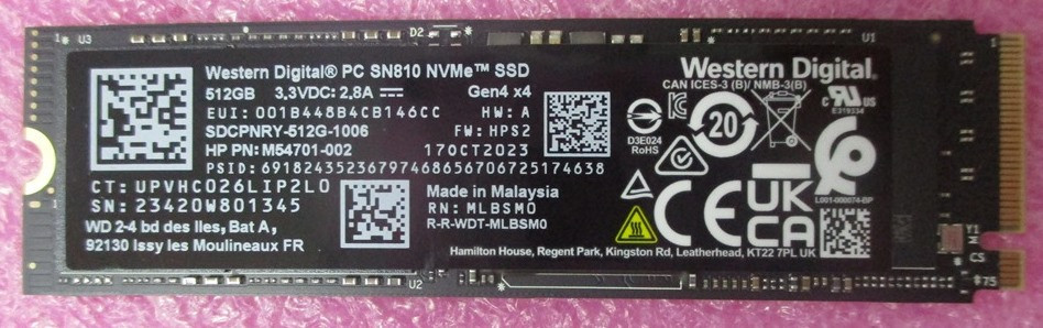 SPS-SSD 512GB M.2 2280 SN810 PCIe LOCK - HP Genuine Replacement Spare Parts - N74565-001-HP