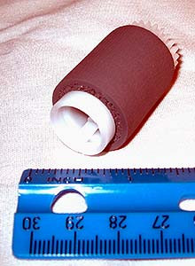 Paper pickup roller - Gray spongy rubber roller on a white cylinder and 24-tooth white gear on one side - HP Genuine Replacement Spare Parts - RM1-0036-020CN-HP