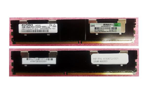 2GB, 667MHz, PC2-5300F-5, DDR2, dual-rank x4, 1.80V, registered, fully-buffered with ECC, dual in-line memory module (FBDIMM) - Part number is for one 2GB DIMM - HPE Genuine Replacement Spare Parts - 416472-001-HPE
