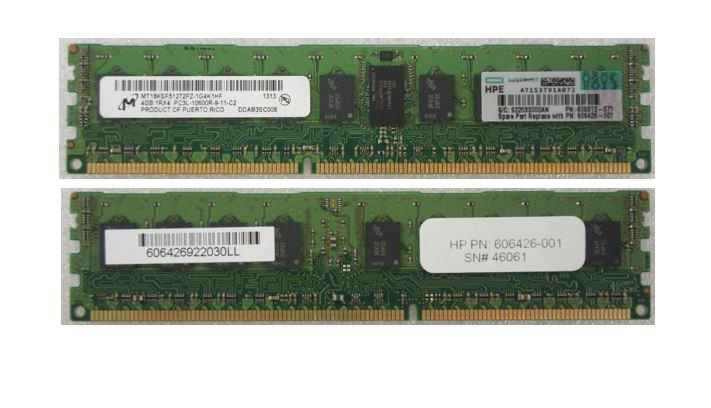 4GB, 1333MHz, PC3L-10600R-9, DDR3, single-rank x4, 1.35V, registered dual in-line memory module (RDIMM) - HPE Genuine Replacement Spare Parts - 606426-001-HPE