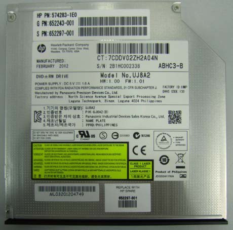 SATA DVD-RW optical drive (Jack Black color) - 8X DVD-ROM read, 24X CD-ROM read, 9.5 mm (0.374 inch) height - HPE Genuine Replacement Spare Parts - 652297-001-HPE