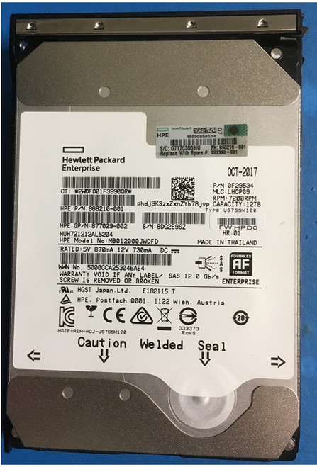 12TB SAS, Hard Disk Drive (HDD) - 3.5-inch Large Form Factor (LFF), 7200 rpm, LP, High Endurance (HE), Digitally Signed Firmware (DS) - HPE Genuine Replacement Spare Parts - 882398-001-HPE