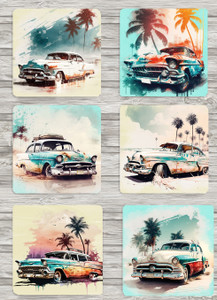 Retro Cars Coasters Set of 6 Neoprene Washable