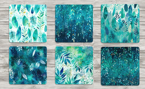 Aqua Blue Leaf Pattern Coasters Set of 6 Neoprene 