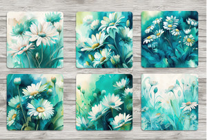 Aqua Blue Daisy Flower Coasters Set of 6 Neoprene 