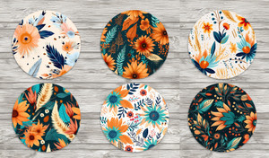Round Aztec Orange Flower Coasters Set of 6 Neoprene 