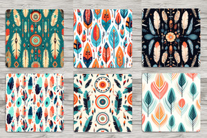 Square Aztec Feather Coasters Set of 6 Neoprene 