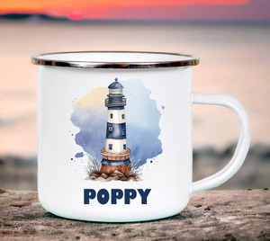 Lighthouse Personalised White Enamel Cup