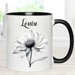 Black & White Minimalist Floral Design Mug with Personalised Name