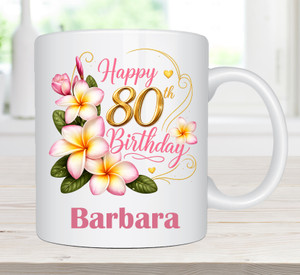 80th Birthday Personalised Frangipani Floral White Mug