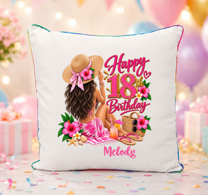 18th Birthday Dark Haired Beach Girl Personalised Cushion