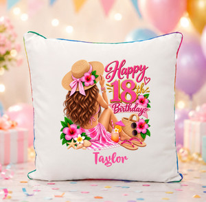 18th Birthday Auburn Haired Beach Girl Personalised Cushion