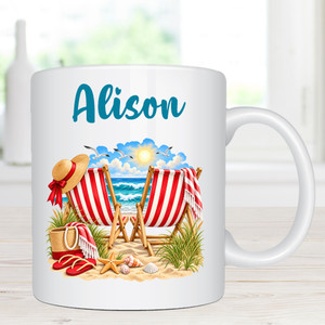Beach Lover Red Chair Personalised Name Mug