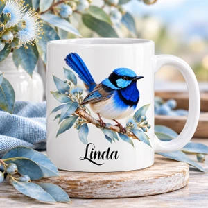 Personalised Blue Wren 11oz Ceramic Mug – Custom Name Australian Bird Lover Gift