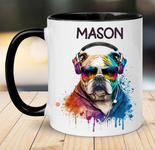 Personalised Name British Bulldog with Headphones Mug