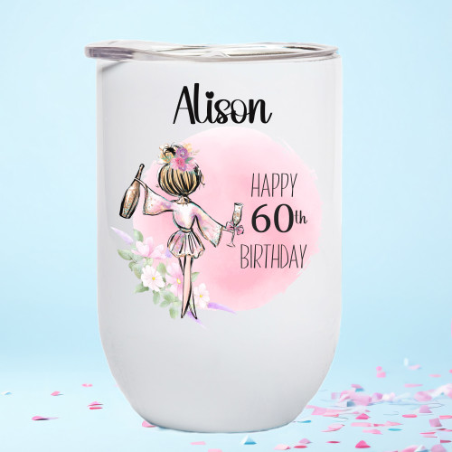 60th Birthday Personalised  Stemless Wine Tumbler/Coffee Cup