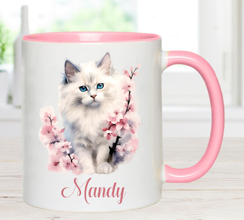 Personalised Name White Cat Floral Mug