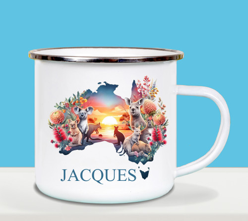 Australiana Themed Personalised White Enamel Cup Australiana Themed Personalised White Enamel Cup