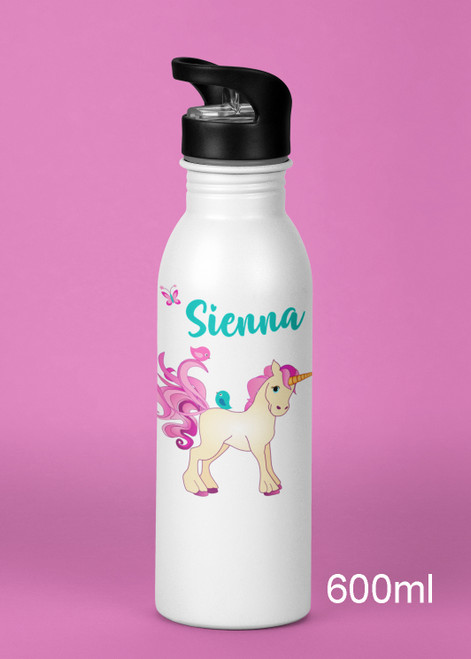 Personalised Unicorn Drink Bottle 600ml White