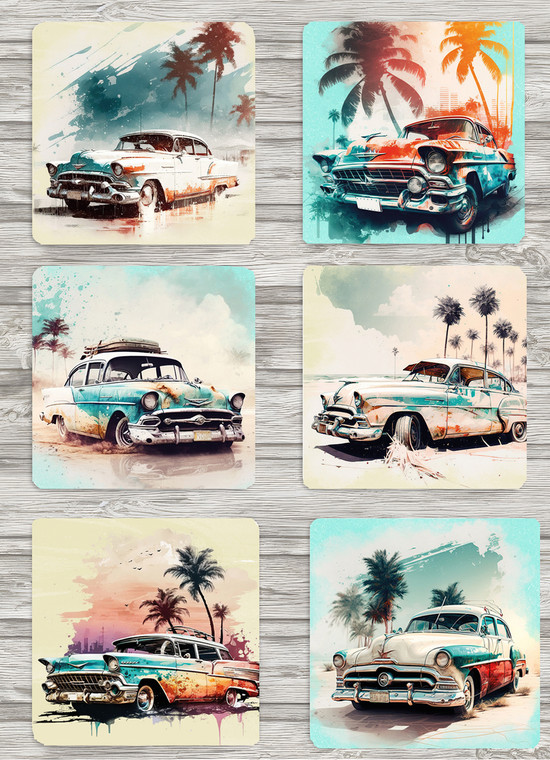 Retro Cars Coasters Set of 6 Neoprene Washable