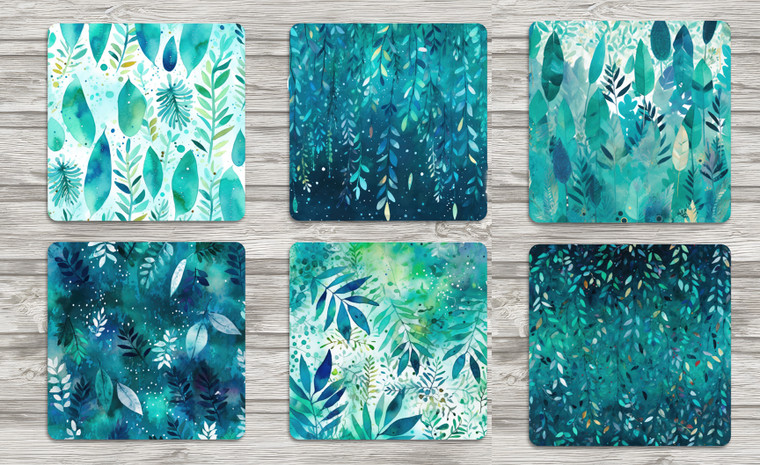 Aqua Blue Leaf Pattern Coasters Set of 6 Neoprene 