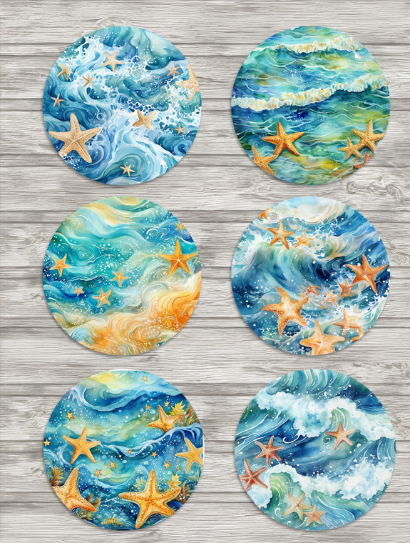 Watercolour Starfish Beach Coasters Round Set of 6 Neoprene 