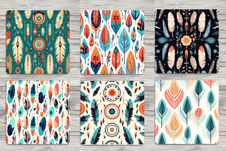 Square Aztec Feather Coasters Set of 6 Neoprene 