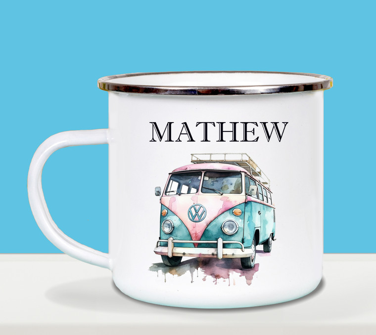 Blue Vw Campervan Personalised White Enamel Cup