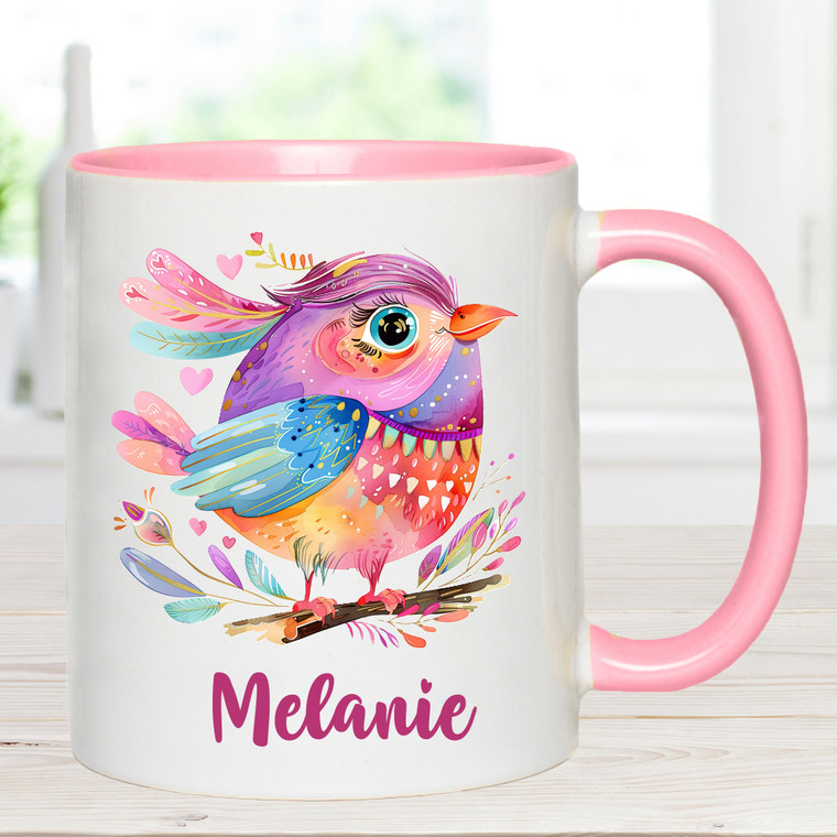 Personalised Whimsical Pink Bird Name  Mug