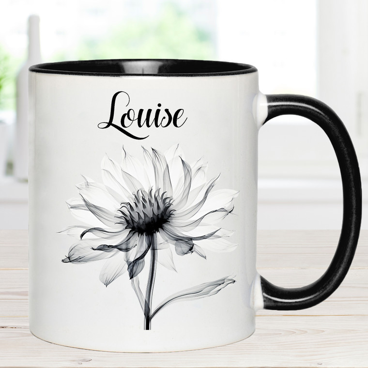 Black & White Minimalist Floral Design Mug with Personalised Name