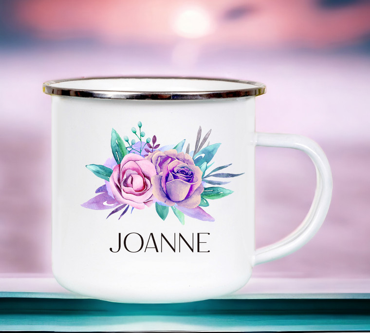 Personalised Purple Flower Enamel Cup for Lady with Name