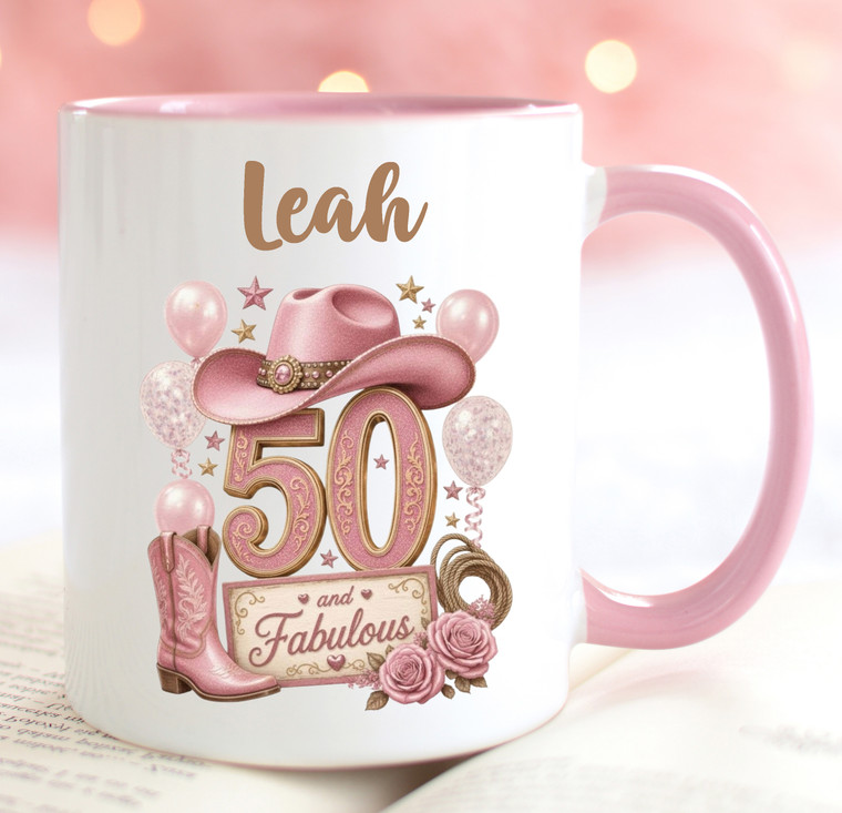 50th Birthday Gift Personalised Cowgirl Boots Pink Mug
