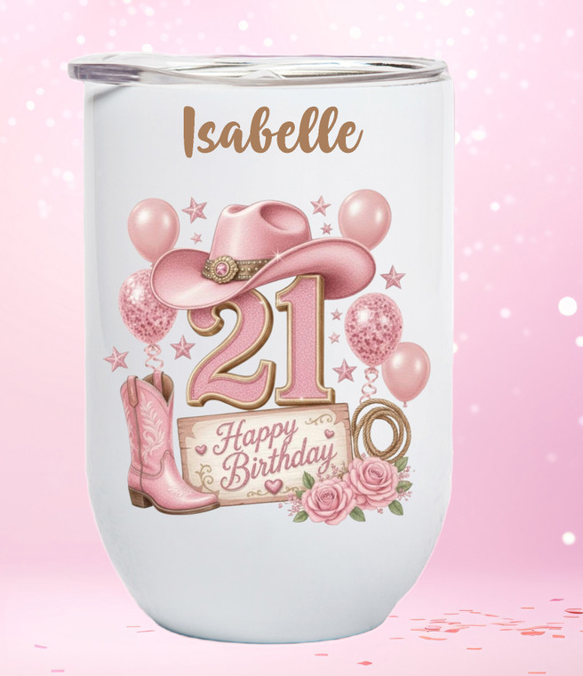 21st Birthday Personalised Pink Cowboy Wine Tumbler/Coffee Cup