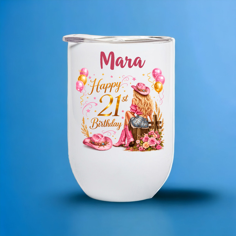 21st Birthday Personalised BLONDE Haired Cowgirl Wine Tumbler/Coffee Cup