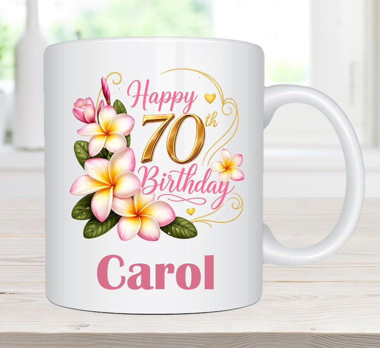 70th Birthday Personalised Frangipani Floral White Mug