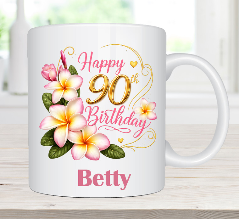 90th Birthday Frangipani Personalised Floral White Mug