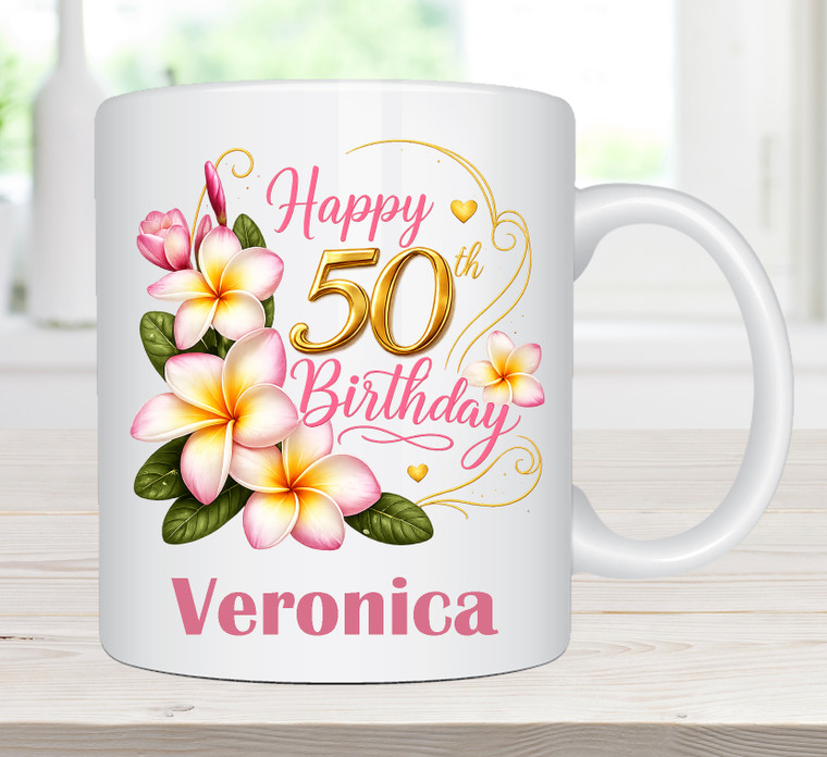 50th Birthday Frangipani Personalised Name Ceramic Mug