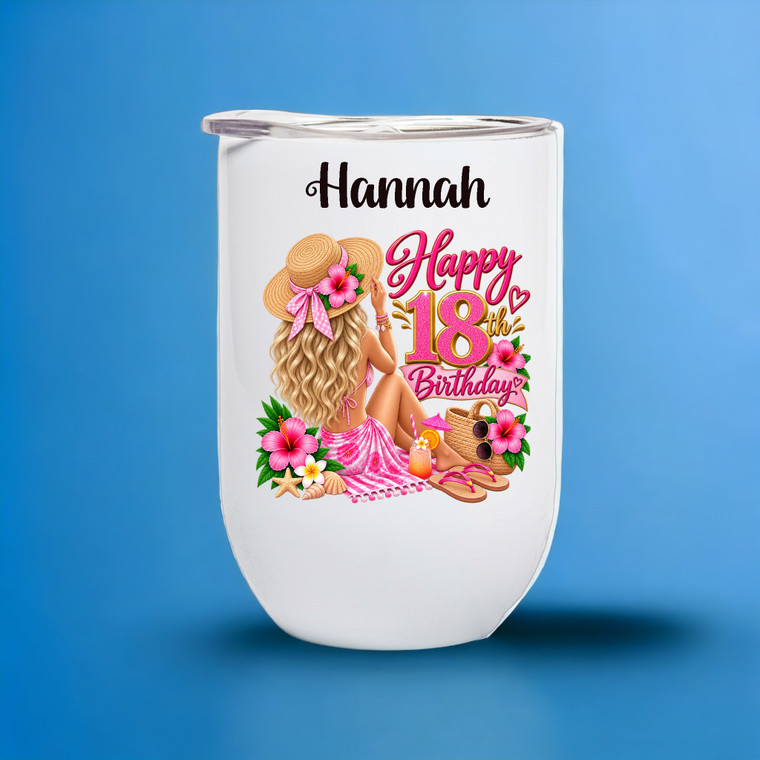 18th Birthday BLONDE Haired Beach Girl Personalised Stemless Wine Tumbler/Coffee Cup