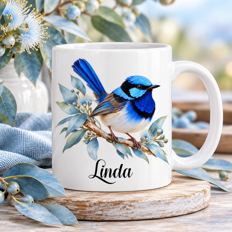 Personalised Blue Wren 11oz Ceramic Mug – Custom Name Australian Bird Lover Gift